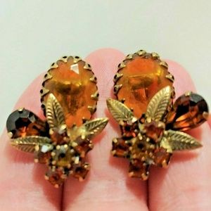 Signed CORO Vintage Amber Glass CLIP EARRINGS